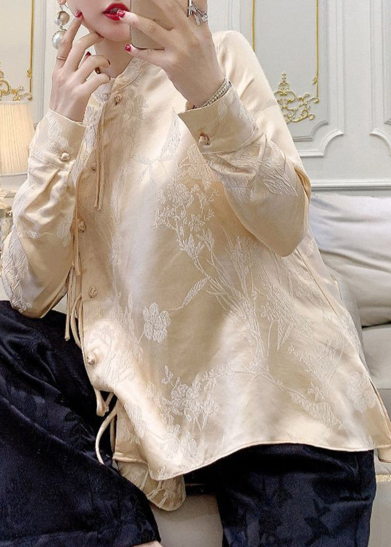 Apricot Button Silk Blouse Stand Collar Long Sleeve AH428