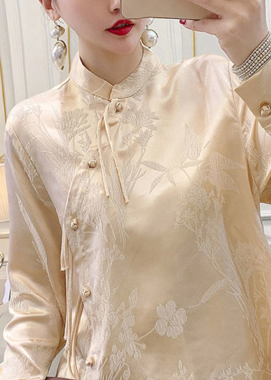 Apricot Button Silk Blouse Stand Collar Long Sleeve AH428