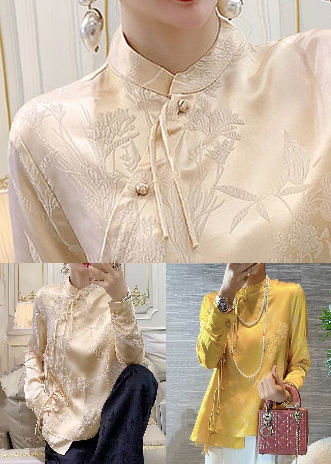 Apricot Button Silk Blouse Stand Collar Long Sleeve AH428