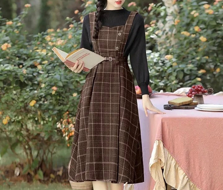 Forest Witch 2-Piece Dark Academia Wool Plaid Dress Set