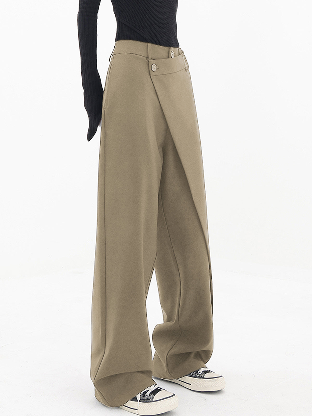 Asymmetrical Layer Button Wide Leg Dress Pants