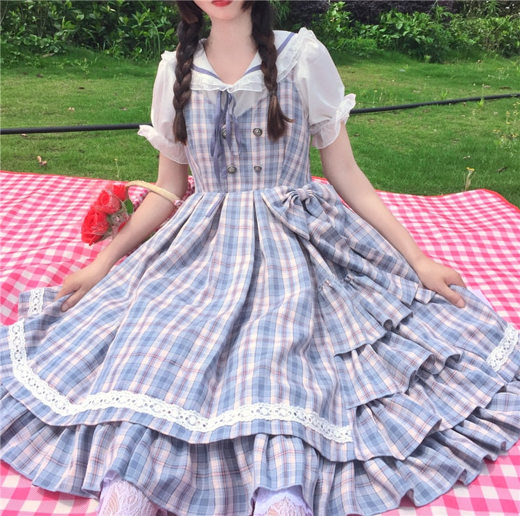 Blue Plaid Bow Lolita Dress