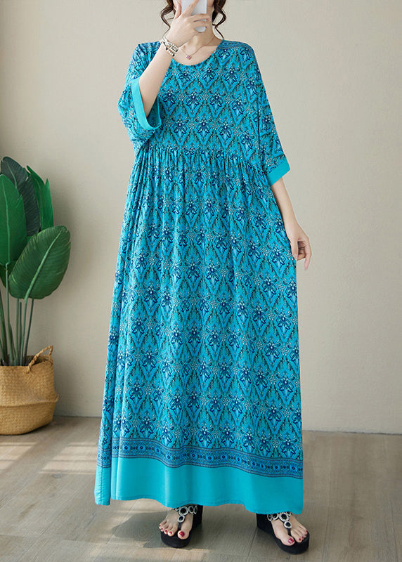 Blue Print Plus Size Cotton Long Dress O Neck Summer AP041