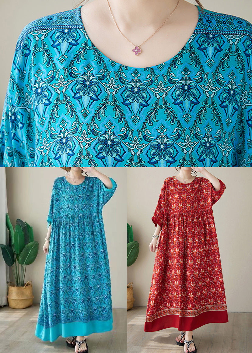 Blue Print Plus Size Cotton Long Dress O Neck Summer AP041