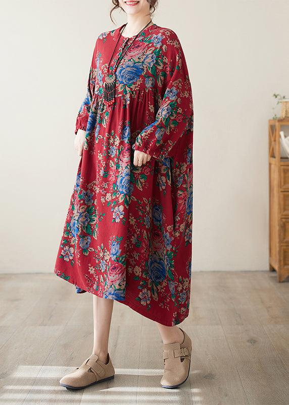 Bohemian Red O Neck Print Wrinkled Plus Size Cotton Dress Summer AP077