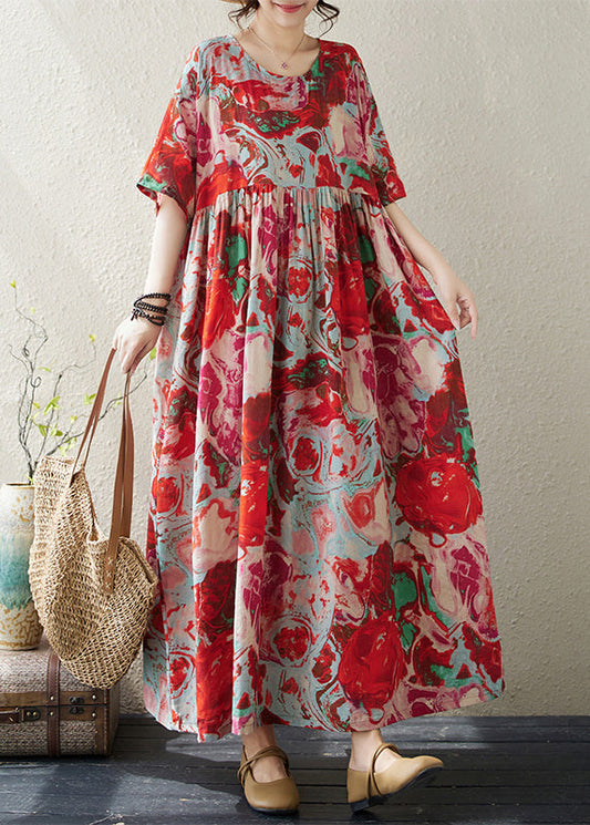 Boho Red O Neck Print Wrinkled Cotton Vacation Dresses Summer AP073