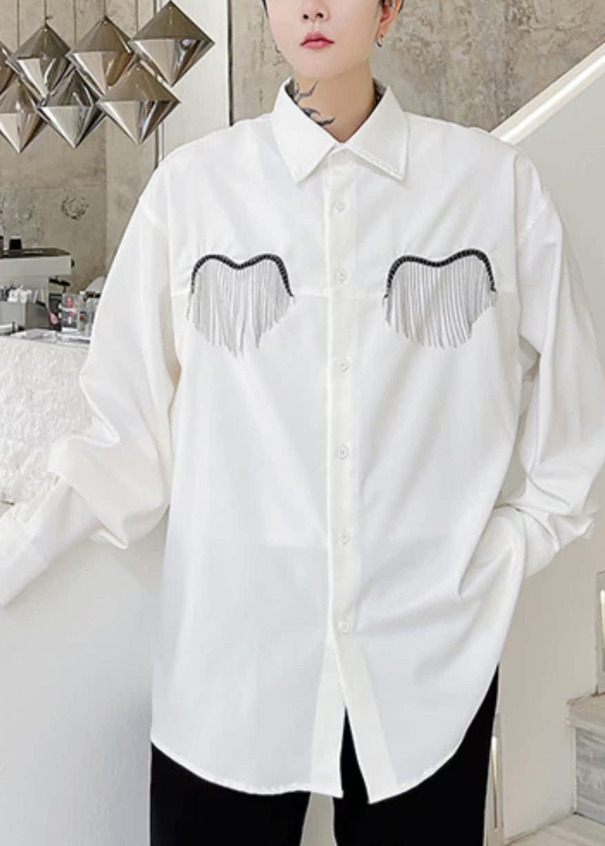 Boutique White Peter Pan Collar Cotton Mens Shirt Long Sleeve HG023