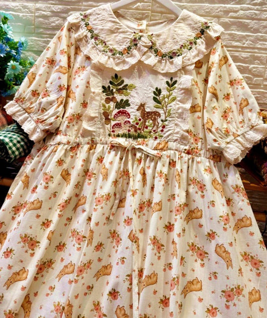 Deer Embroidered Cottagecore Dress