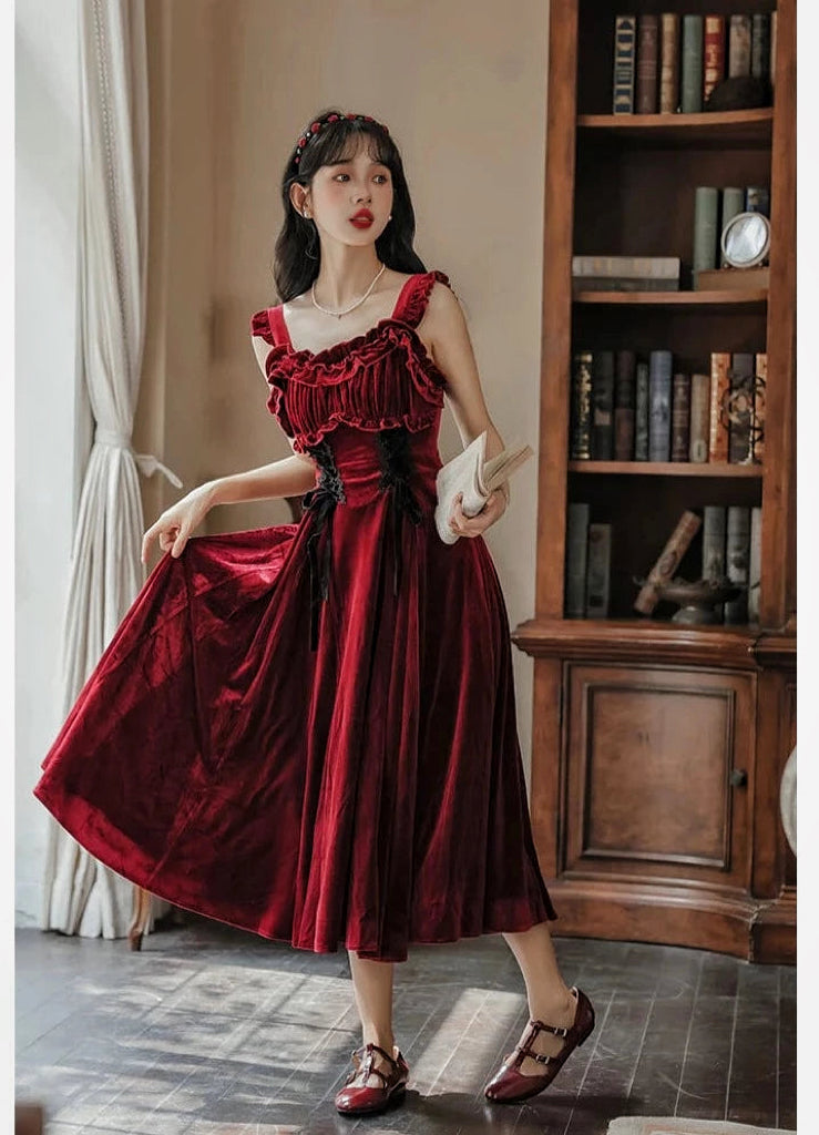 Ruby Victorian-Vintage-Academia Burgundy-Red Velvet Dress