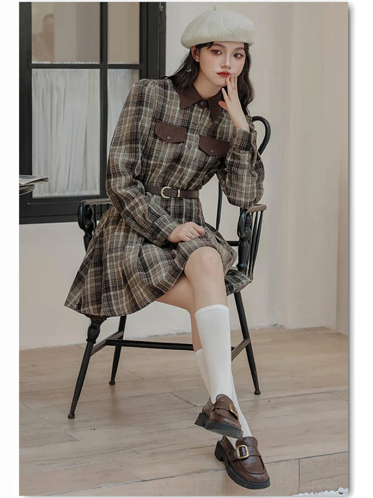 Foggy Skies Plaid Dark Academia Wool Dress