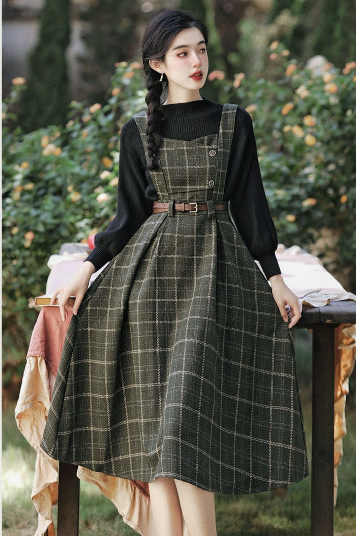 Forest Witch 2-Piece Dark Academia Wool Plaid Dress Set