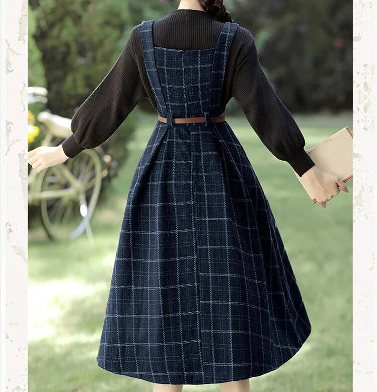 Forest Witch 2-Piece Dark Academia Wool Plaid Dress Set