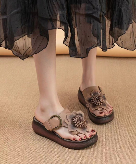 Cameo Brown Floral Handmade Cowhide Leather Wedge Thong Sandals OI071