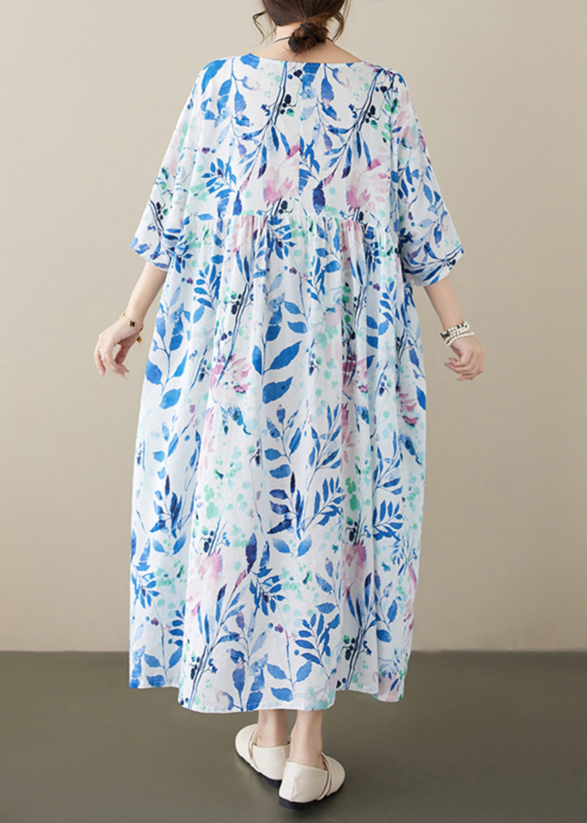 Casual Blue O Neck Print Plus Size Cotton Dress Summer AP047