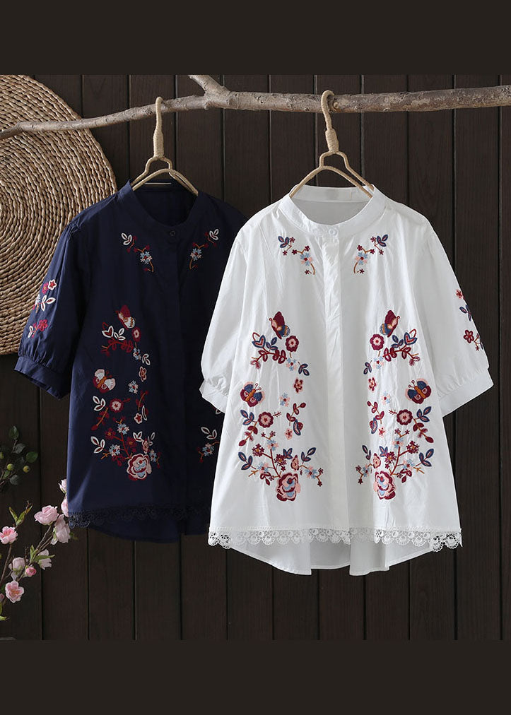 Casual Navy Embroidered Low High Design Cotton Blouse Top Summer AP008