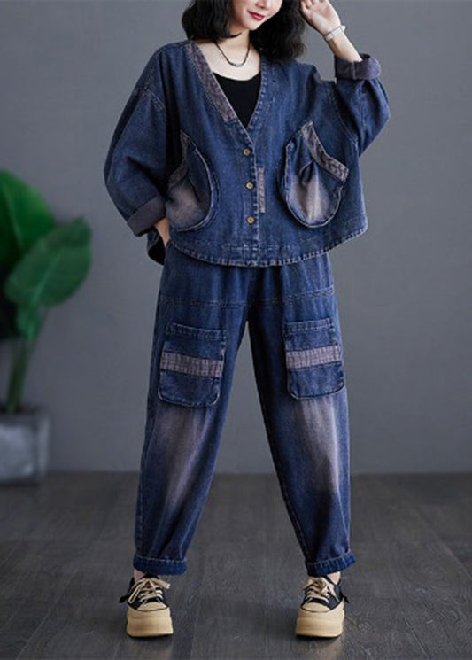 Casual Navy V Neck Patchwork Denim Coats And Harem Pants Two Pieces Sets Long Sleeve AP032