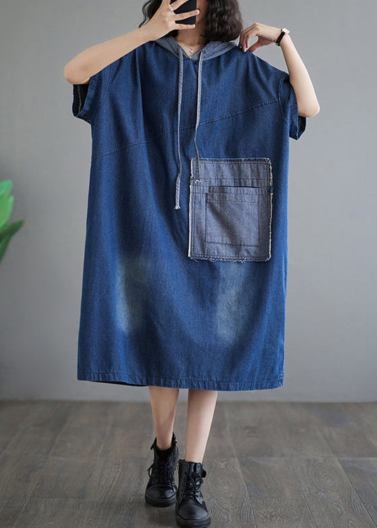 Casual Plus Size Blue Hooded Patchwork Denim Dress Summer AP074