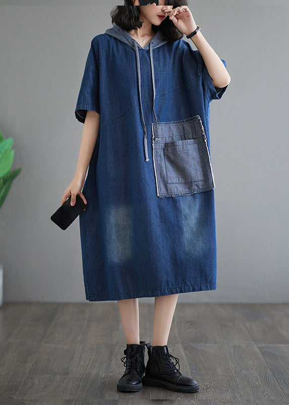 Casual Plus Size Blue Hooded Patchwork Denim Dress Summer AP074