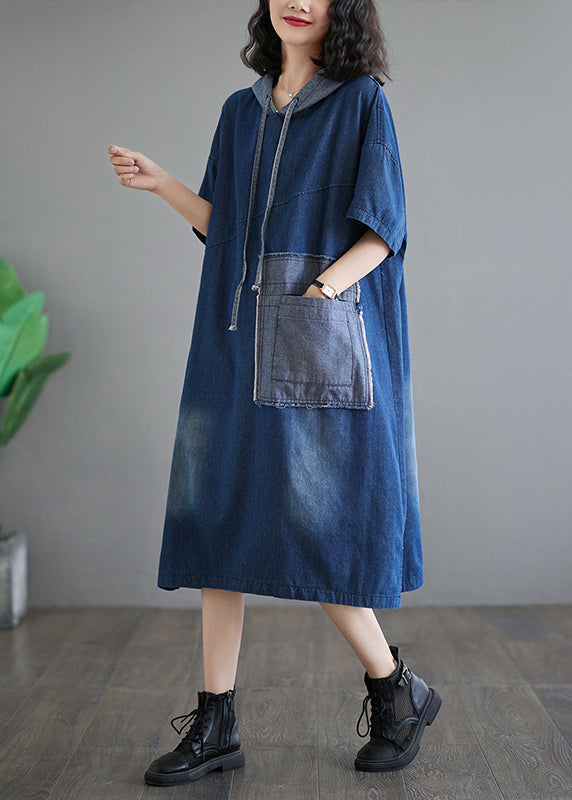 Casual Plus Size Blue Hooded Patchwork Denim Dress Summer AP074