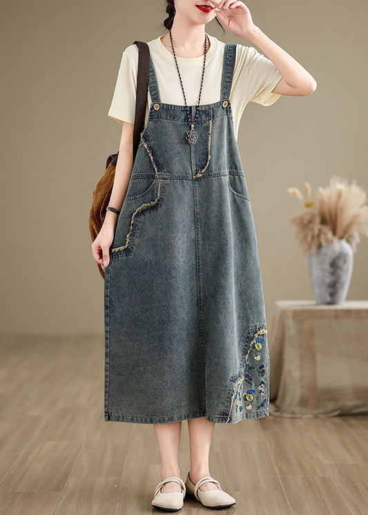 Chic Denim Grey Embroidered Patchwork Spaghetti Strap Dress Sleeveless AP064