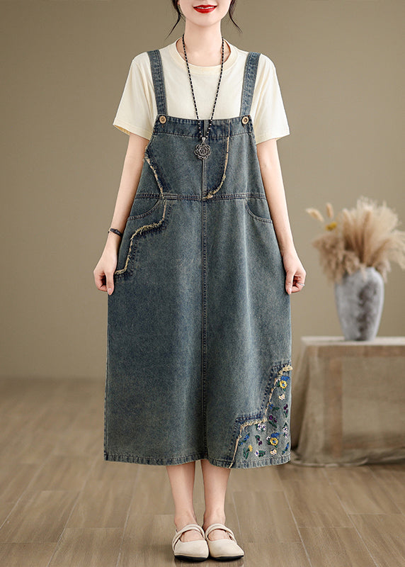 Chic Denim Grey Embroidered Patchwork Spaghetti Strap Dress Sleeveless AP064