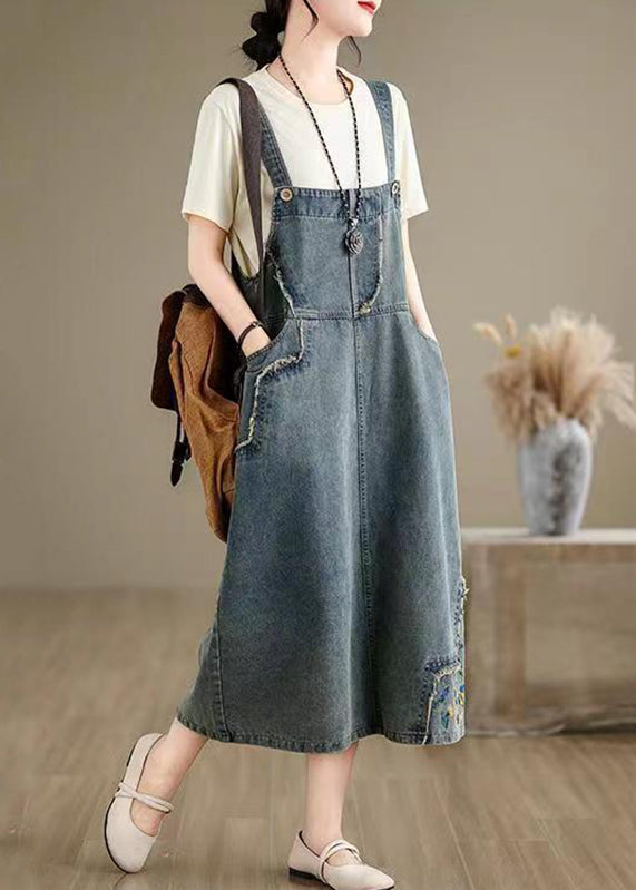 Chic Denim Grey Embroidered Patchwork Spaghetti Strap Dress Sleeveless AP064