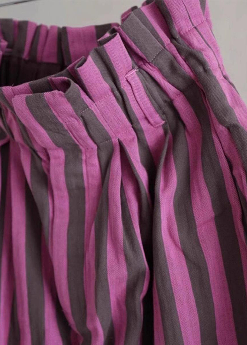 Chic Purple Striped Elastic Waist Cotton Wide Leg Pants Summer AP045