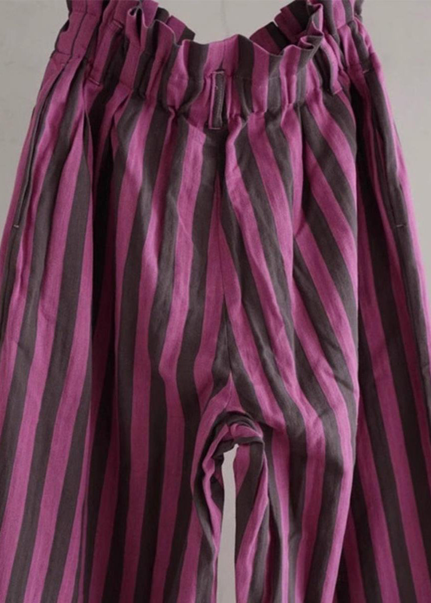 Chic Purple Striped Elastic Waist Cotton Wide Leg Pants Summer AP045