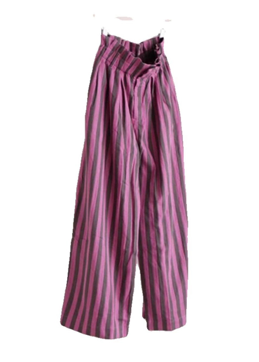 Chic Purple Striped Elastic Waist Cotton Wide Leg Pants Summer AP045