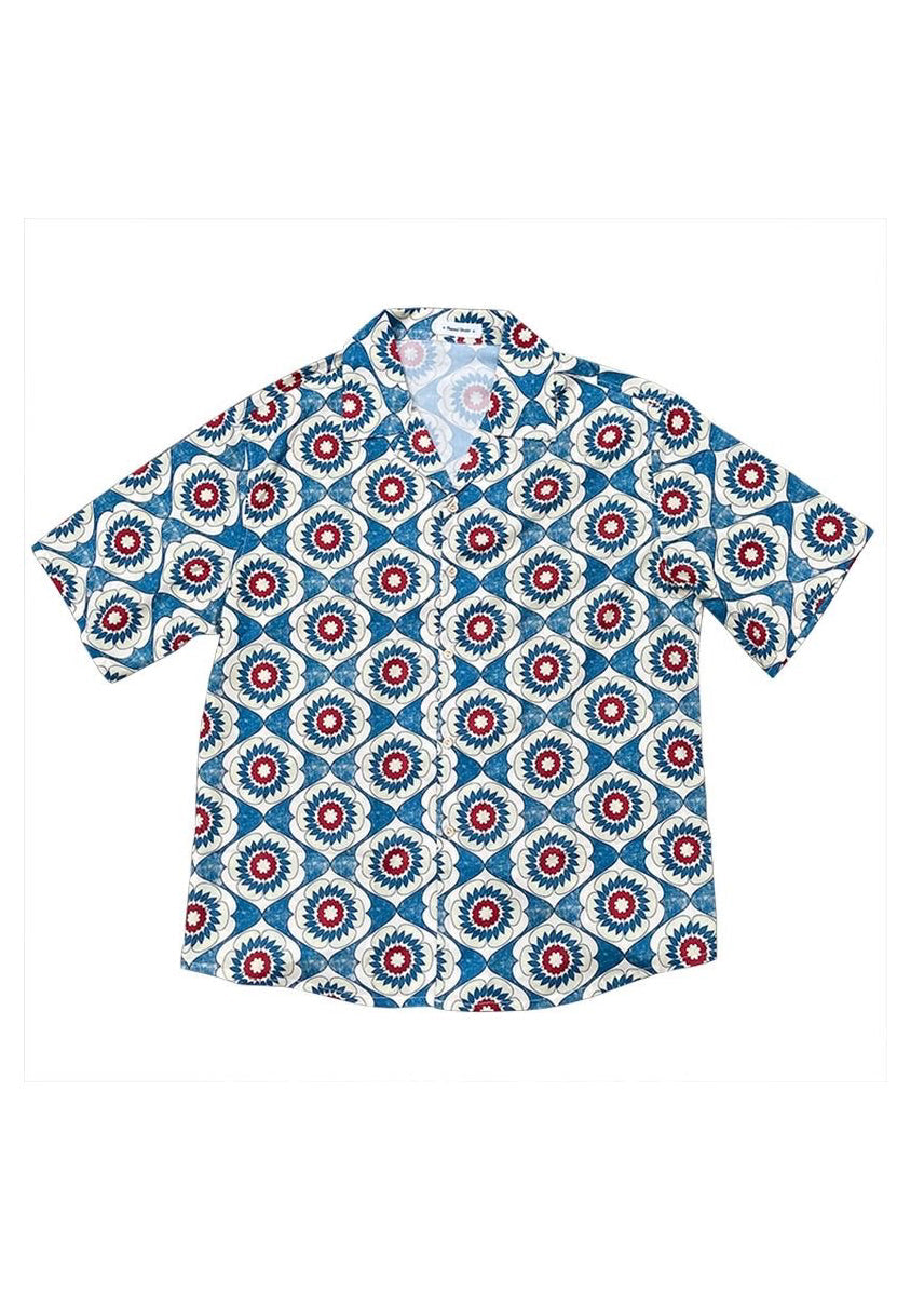 Cool Blue Peter Pan Collar Print Cotton Men's Shirts Short Sleeve HG006