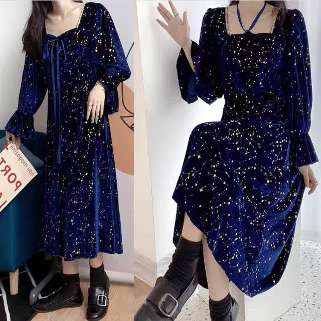 Cosmic Witch Blue Velvet Galaxy Star Dress