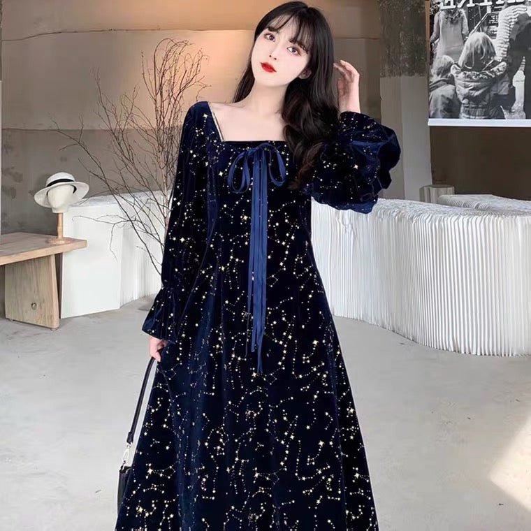 Cosmic Witch Blue Velvet Galaxy Star Dress