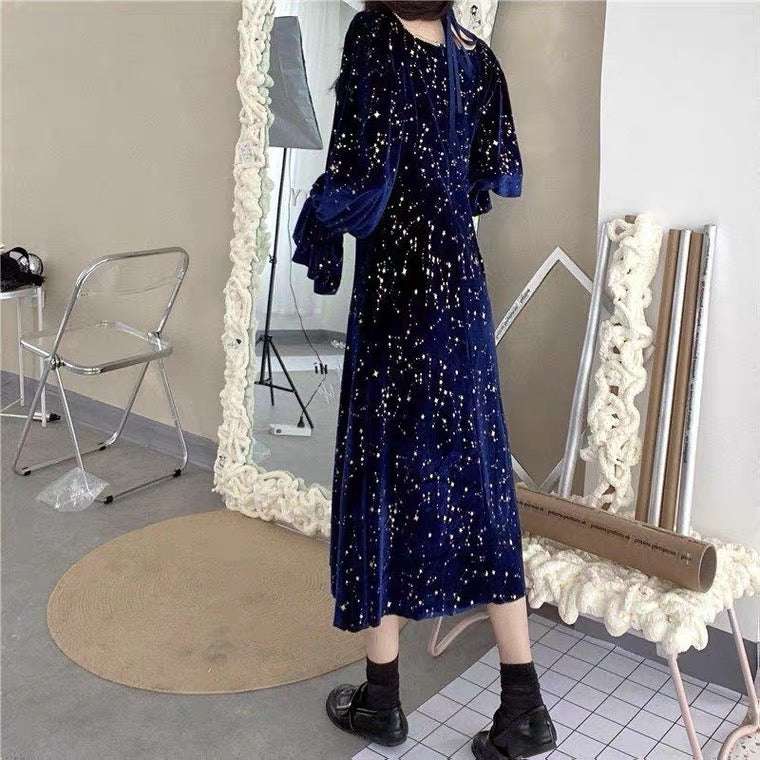 Cosmic Witch Blue Velvet Galaxy Star Dress