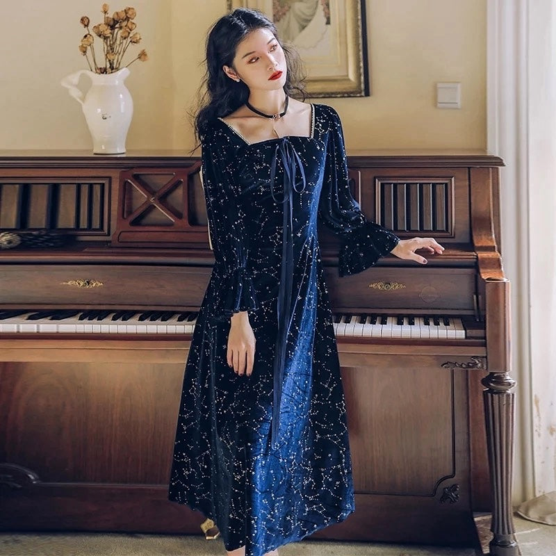 Cosmic Witch Blue Velvet Galaxy Star Dress