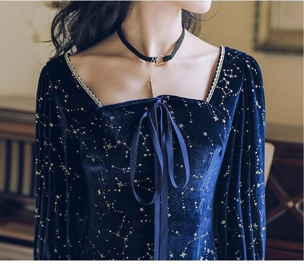 Cosmic Witch Blue Velvet Galaxy Star Dress