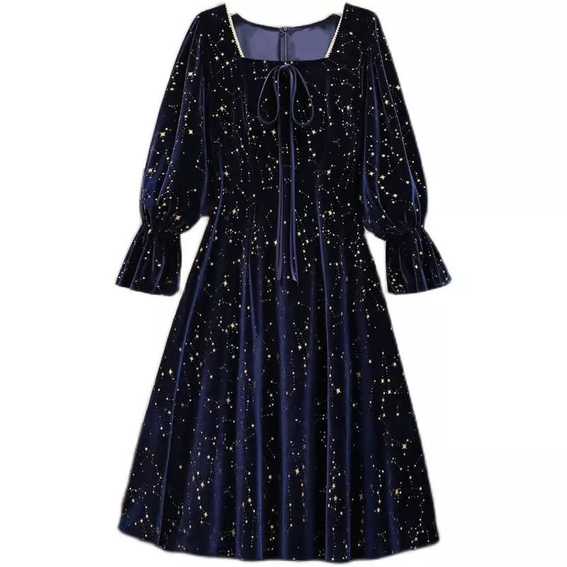 Cosmic Witch Blue Velvet Galaxy Star Dress