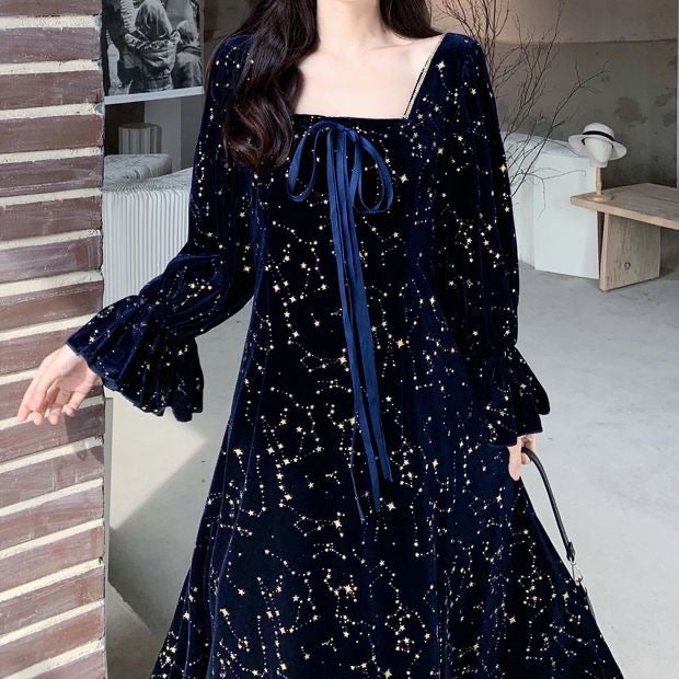 Cosmic Witch Blue Velvet Galaxy Star Dress