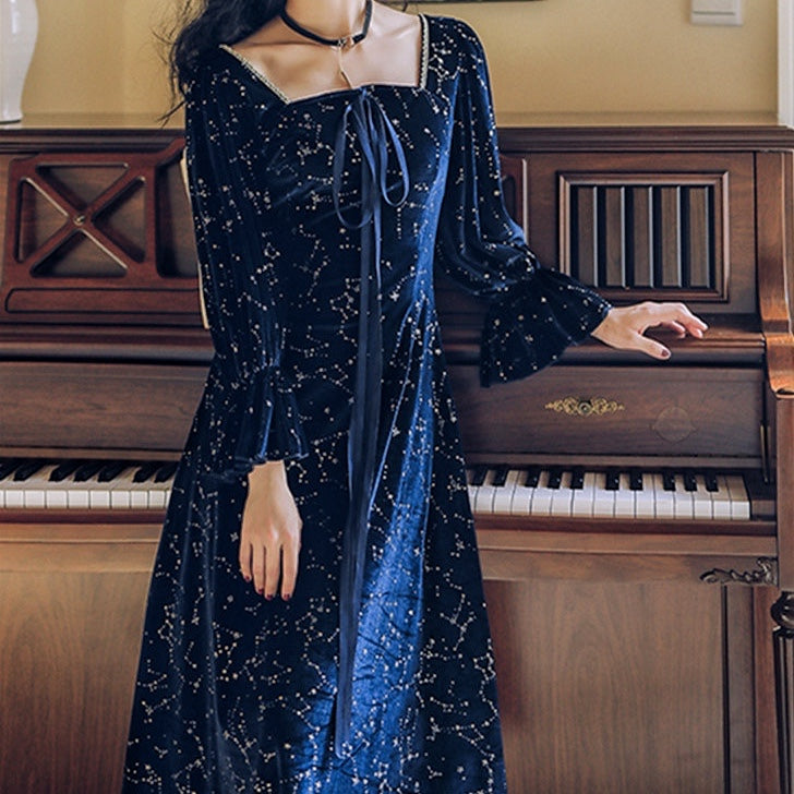 Cosmic Witch Blue Velvet Galaxy Star Dress