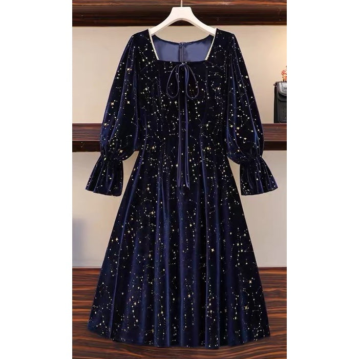 Cosmic Witch Blue Velvet Galaxy Star Dress