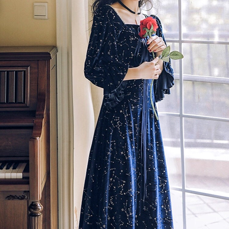 Cosmic Witch Blue Velvet Galaxy Star Dress