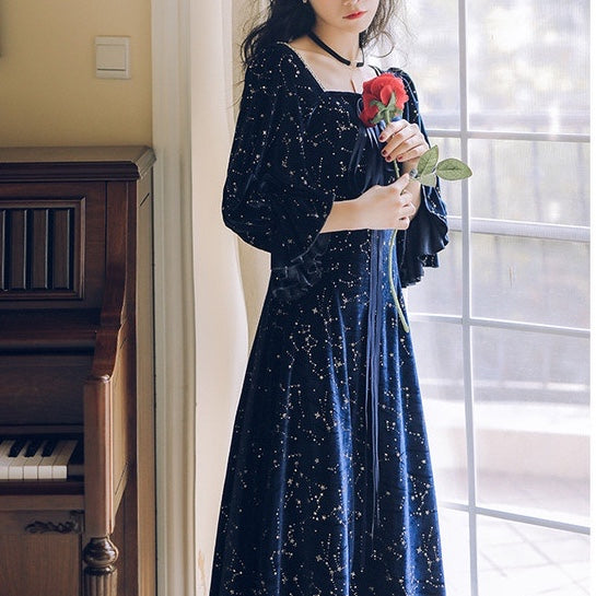 Cosmic Witch Blue Velvet Galaxy Star Dress