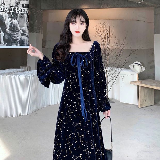 Cosmic Witch Blue Velvet Galaxy Star Dress