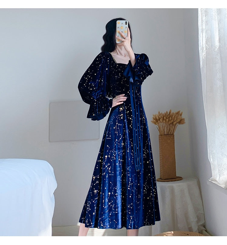 Cosmic Witch Blue Velvet Galaxy Star Dress