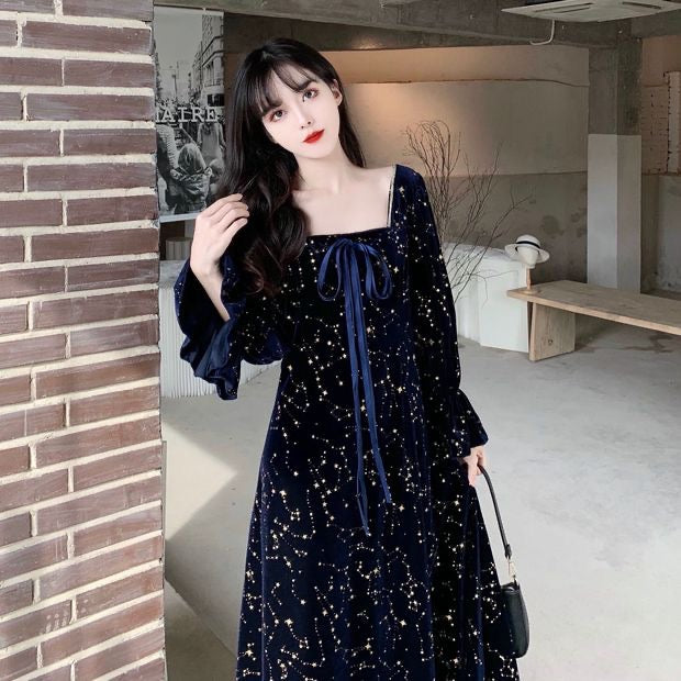 Cosmic Witch Blue Velvet Galaxy Star Dress