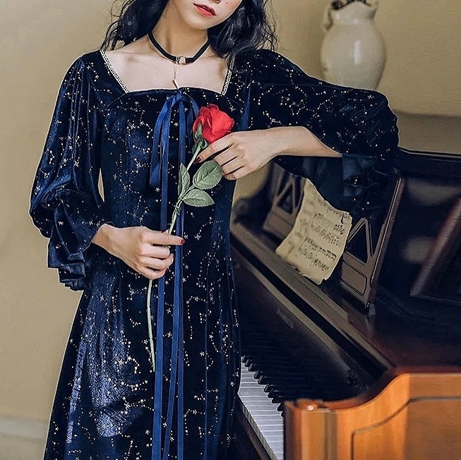 Cosmic Witch Blue Velvet Galaxy Star Dress