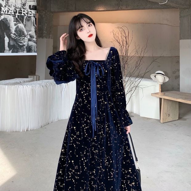 Cosmic Witch Blue Velvet Galaxy Star Dress