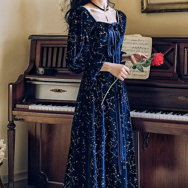 Cosmic Witch Blue Velvet Galaxy Star Dress