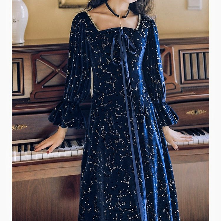 Cosmic Witch Blue Velvet Galaxy Star Dress