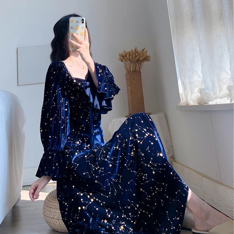 Cosmic Witch Blue Velvet Galaxy Star Dress