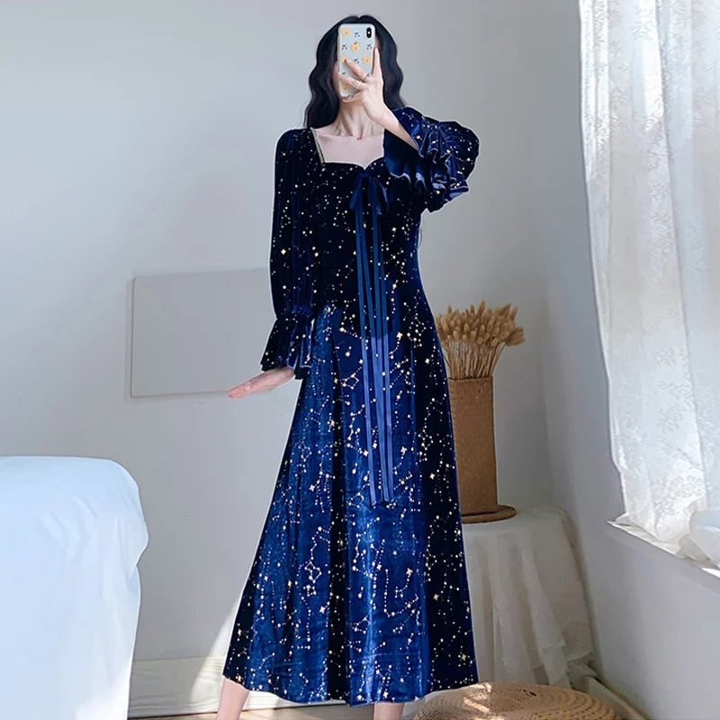 Cosmic Witch Blue Velvet Galaxy Star Dress